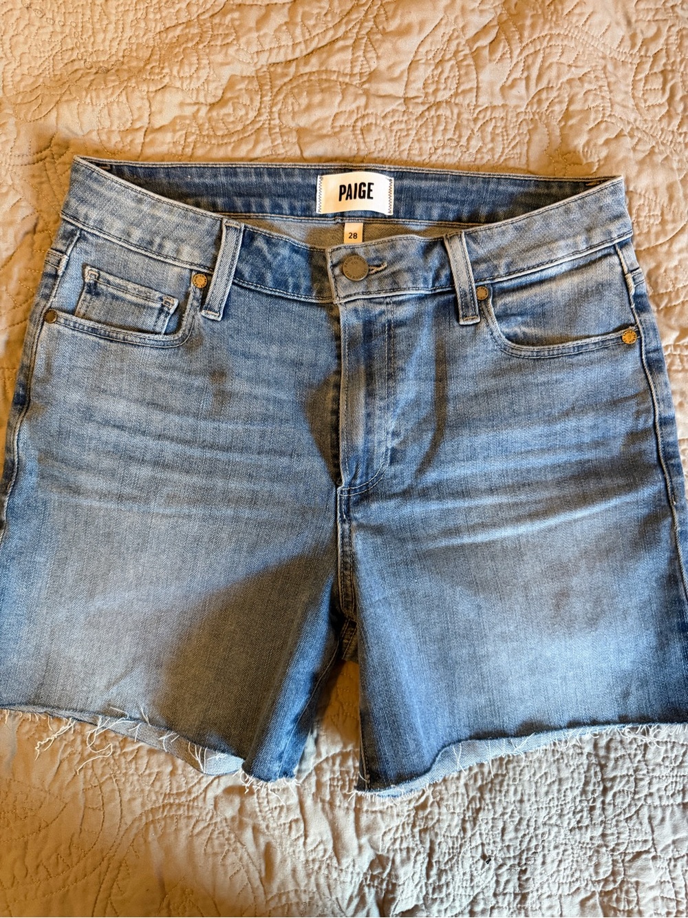 PAIGE Women's Light Blue Denim cut off Shorts